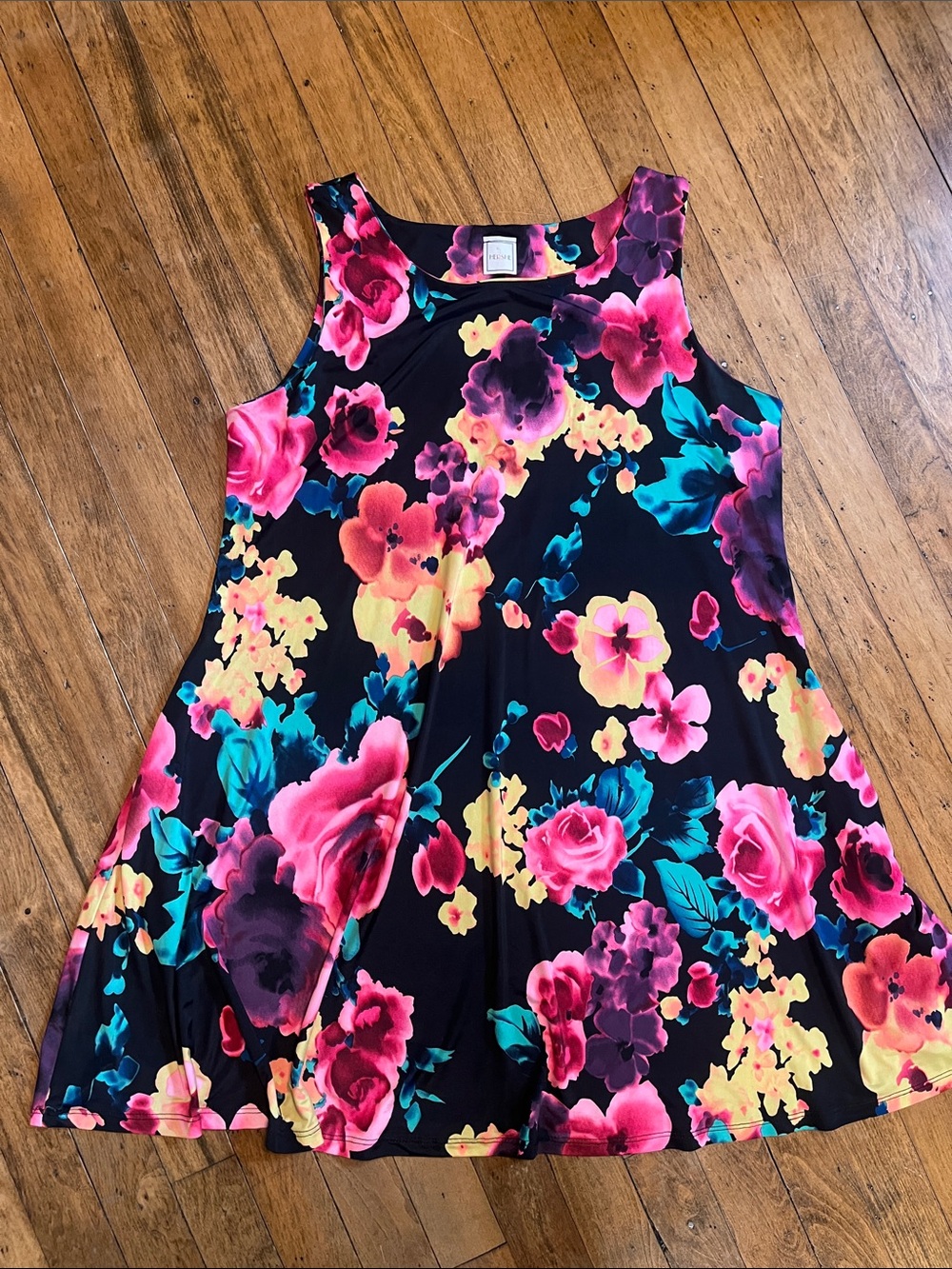 Boutique Dress - Black Floral A-Line with Bright Pink, Yellow & Teal Blooms.